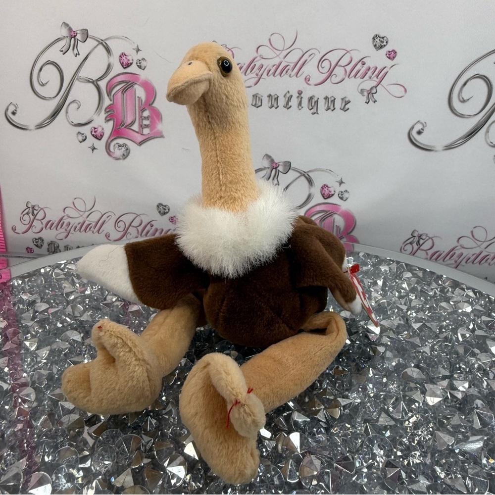 Ty beanie babies ostrich Brown Vulture Plush 1997 White Ruff Tan Legs stretch